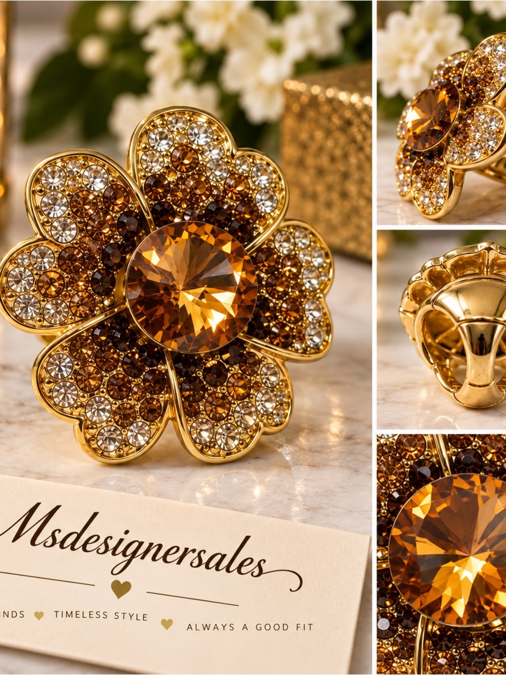 Gold and Amber Crystal Flower Ring